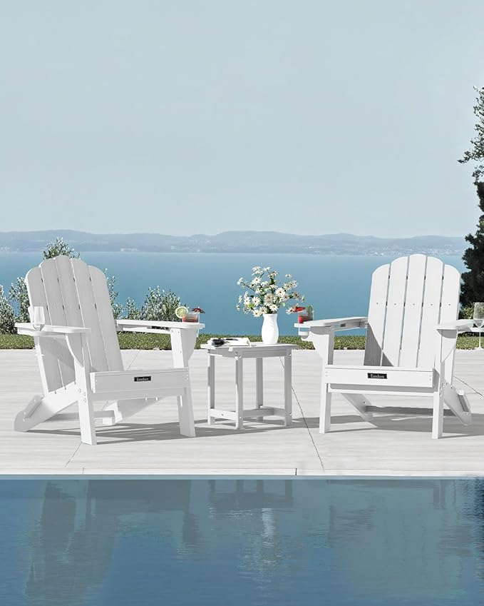 Adirondack Chairs Set of 2, Wood Texture Fire Pit Chairs, Plastic Adirondack Chairs with 2 Cup Holder - Photo 2