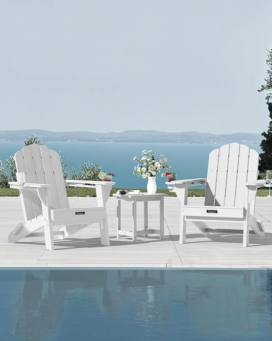 Adirondack Chairs Set of 2, Wood Texture Fire Pit Chairs, Plastic Adirondack Chairs with 2 Cup Holder, Outdoor Lawn Chair for Patio Garden, White