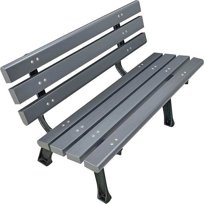Global Industrial 4'L Outdoor Park Bench with Backrest, Recycled Plastic Slats, Wrought Iron Frame, 1100 lbs Capacity, Gray, Surface Mount, Easy Assembly