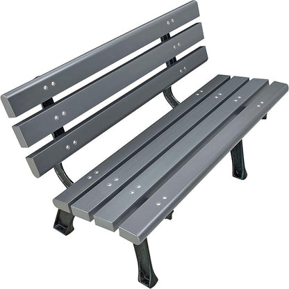 Global Industrial 4'L Outdoor Park Bench with Backrest, Recycled Plastic Slats, Wrought Iron Frame, 1100 lbs Capacity, Gray, Surface Mount, Easy Assembly