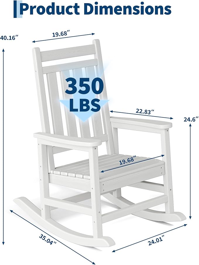 HDPE Rocking Chair Outdoor- Poly High Back Porch Rocker Chairs for Adults - All Weather Resistant Furniture for Patio Front Porch - White