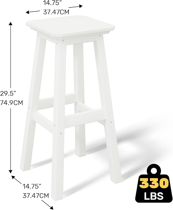 Costaelm 29" Height Outdoor Bar Stools, All-Weather Bar Stools, Adirondack Poly Patio Square Bar Stool for Patio, Deck, Kitchen Counter and Garden, White