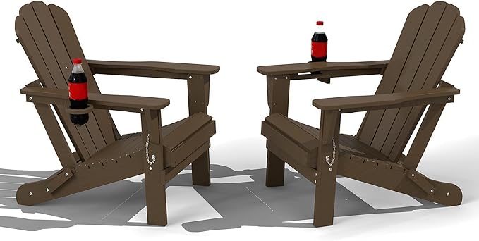 Domi Folding Adirondack Chair Set of 2, HDPE All-Weather Adirondack Chairs with Cup Holder, Outdoor Plastic Fire Pit Chairs Wood Texture for Poolside, Patio, Backyard, Deck (Khaki)