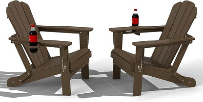 Domi Folding Adirondack Chair Set of 2, HDPE All-Weather Adirondack Chairs with Cup Holder, Outdoor Plastic Fire Pit Chairs Wood Texture for Poolside, Patio, Backyard, Deck (Khaki)