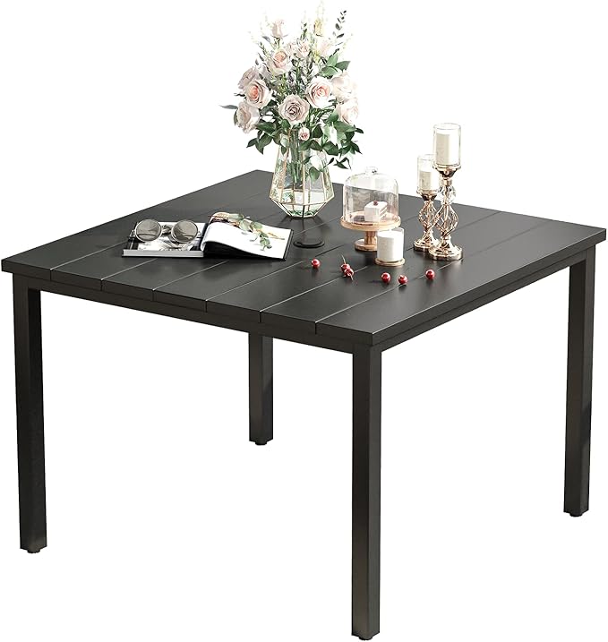 VICLLAX 40.2" Square Patio Dining Table for 4, Outdoor Table with Umbrella Hole, All Weather Metal Patio Table, Black Tabletop