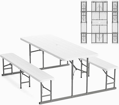 VINGLI Folding Picnic Table and Bench Set, Portable Outdoor Dining Furniture for Camping, Patio, Backyard, Wood Grain Plastic Top with Metal Frame (White)