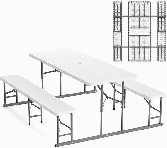 VINGLI Folding Picnic Table and Bench Set, Portable Outdoor Dining Furniture for Camping, Patio, Backyard, Wood Grain Plastic Top with Metal Frame (White)