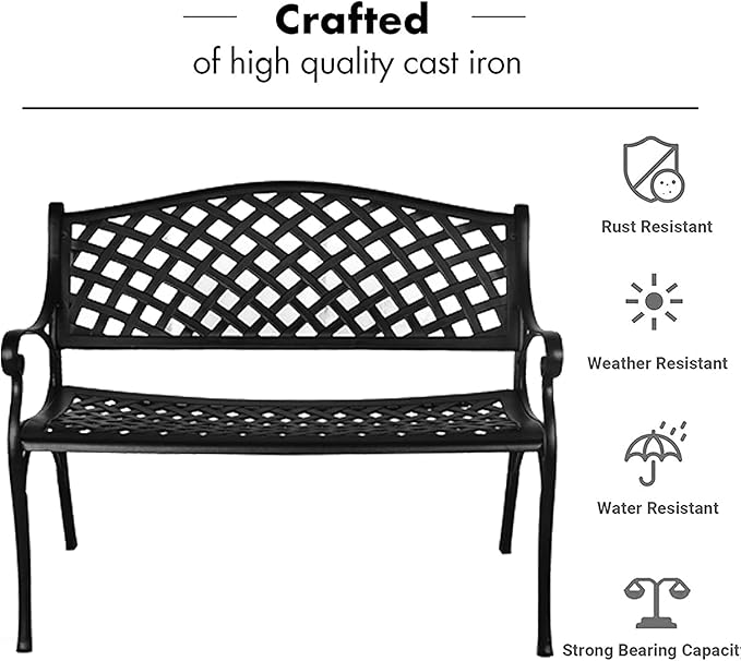 TITIMO 41” Outdoor Garden Bench with Armrests Sturdy Cast Aluminum Porch Loveseat Chair for All-Weather Patio Park Path Yard Lawn Work Entryway Decor Deck (Black)