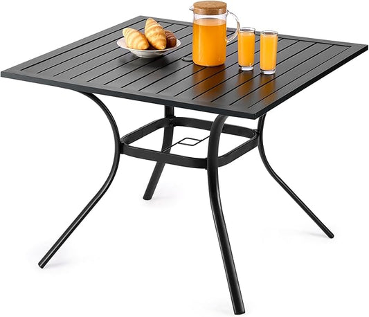 VEVOR Outdoor Patio Dining Table, 37 inch Square Metal Steel Slat Backyard Bistro Tables, with 1.5 in Umbrella Hole, Outside All-Weather Large Furniture for Lawn Garden Porch, Black