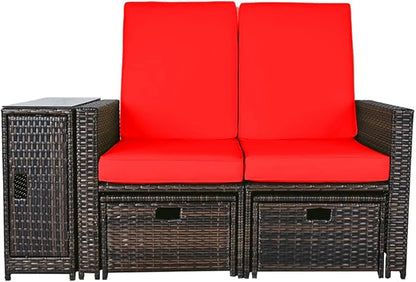 5PCS Outdoor Wicker Chaise Lounge Chair - Rattan Adjustable Reclining Patio Lounge Chair with Ottoman and Coffee Table, for Patio Beach Pool Backyard (Brown Wicker Red Cushion)