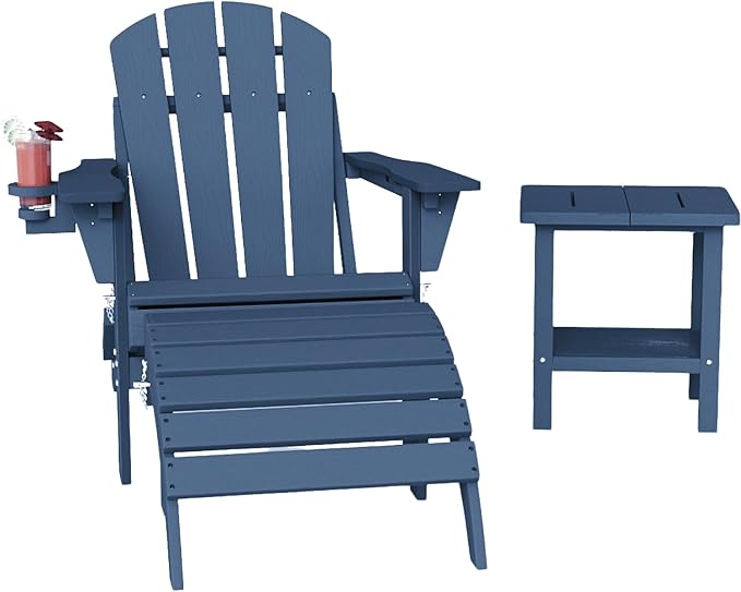 3-Piece Adirondack Chair with Footrest and Table Set,Folding Chair with Retractable Ottoman,HDPE All Weather Fire Pit Chair with Cup Holder(Navy Blue, 1 Chair &1 footrest & 1 Table)