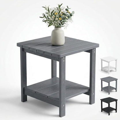 Square Outdoor Side Table Adirondack Side Table, Water-resistant & 2-Tier Small End Table for Patio, Beach Chair & Poolside, Bedside Table for Living Room & Bedroom, Easy Assembly, Grey