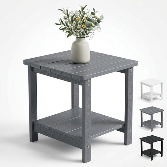 Square Outdoor Side Table Adirondack Side Table, Water-resistant & 2-Tier Small End Table for Patio, Beach Chair & Poolside, Bedside Table for Living Room & Bedroom, Easy Assembly, Grey