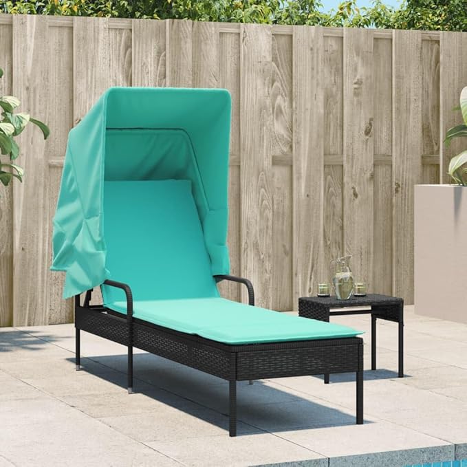 Patio Sun Lounger Black and Turquoise with Retractable Canopy and Adjustable Armrests - Photo 4