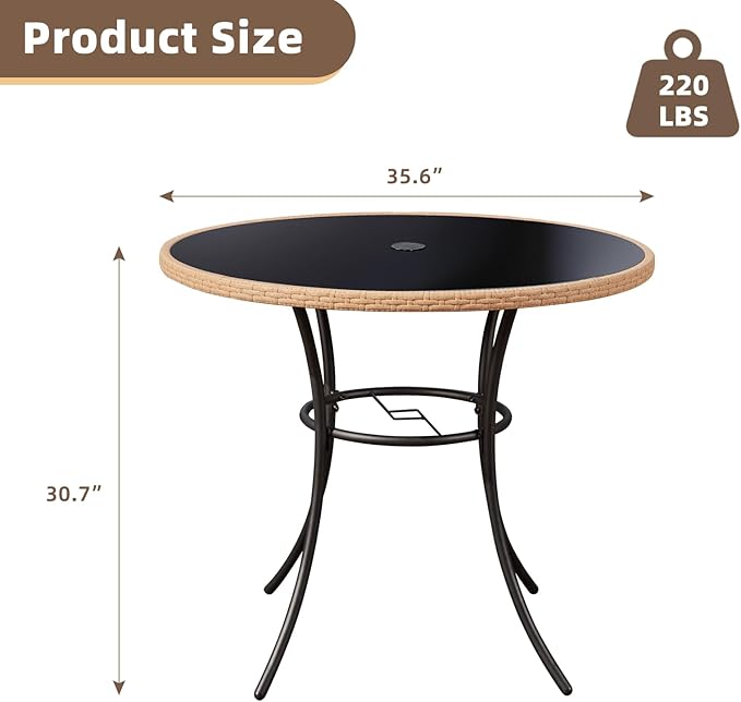 ECOTOUGE Outdoor Round Patio Desk, Wicker Dining Table with Umbrella Hole, Tempered Glass Top for 4-5 Persons, Bistro Rattan Furniture Garden Tables for Balcony, Backyard, Black