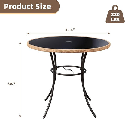 ECOTOUGE Outdoor Round Patio Desk, Wicker Dining Table with Umbrella Hole, Tempered Glass Top for 4-5 Persons, Bistro Rattan Furniture Garden Tables for Balcony, Backyard, Black