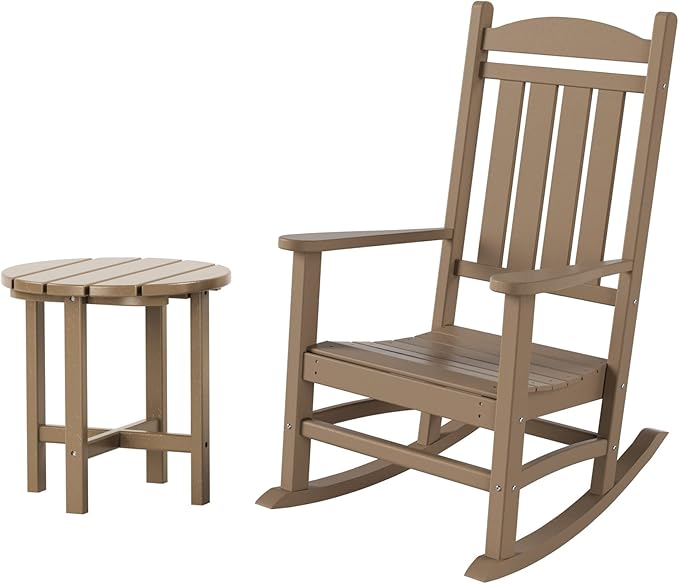 WestinTrends Malibu Malibu Outdoor Patio Porch Rocking Chair with Side Table Set, Weathered Wood
