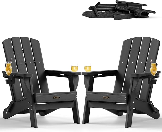 Folding Adirondack Chair 2 Pack, HDPE All-Weather Fire Pit Chairs, Plastic Adirondack Chairs with 2 Cup Holder - Photo 1