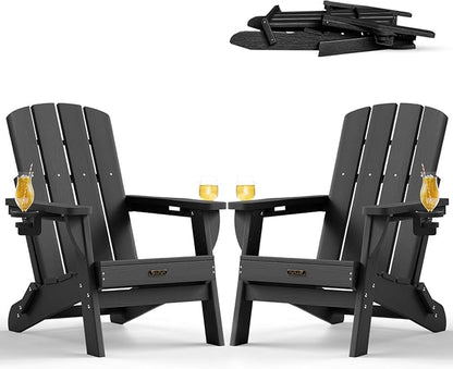 Folding Adirondack Chair 2 Pack, HDPE All-Weather Fire Pit Chairs, Plastic Adirondack Chairs with 2 Cup Holder, Outdoor Lawn Chair for Patio Garden (Black)
