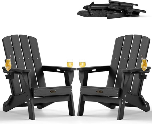 Folding Adirondack Chair 2 Pack, HDPE All-Weather Fire Pit Chairs, Plastic Adirondack Chairs with 2 Cup Holder, Outdoor Lawn Chair for Patio Garden (Black)