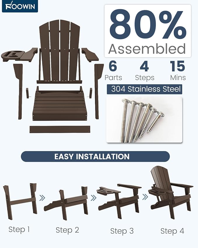 FOOWIN Folding Adirondack Chair Set of 2, HDPE Adirondack Chairs with Cup Holder - Photo 7