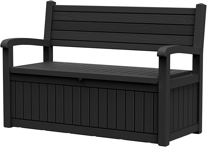 51.06" L x 24.17" W x 35.24" H Outdoor Storage Bench - 70 Gallon Weather-Resistant Resin Rattan-Look Seat (500 lbs Capacity) (Black)