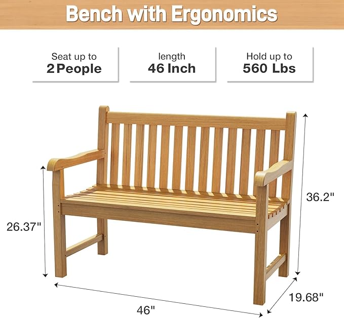 Teak Wood Outdoor Bench Set of 2, Weatherproof Garden Benches for Yard or Porch, 2-Person Park Bench with Ergonomic Patio Seating, Durable Teak Construction for Lawn, Backyard, or Poolside