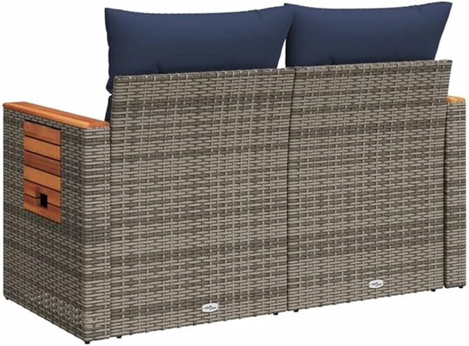 BOWERY HILL 2-Seater Poly Rattan Patio Sofa, Gray Finish, PE Rattan and Steel Frame with Acacia Wood Side Table, Navy Blue Cushions, Storage Space, UV-Proof Outdoor Seating for Garden or Patio Use