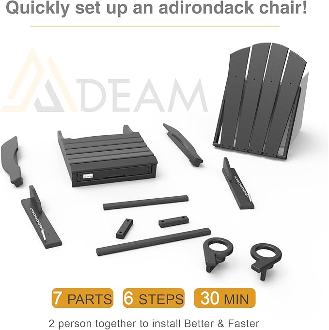 Mdeam Folding Adirondack Chair with Retractable Ottoman, HDPE All-Weather Fire Pit Chair with 2 Cup Holders, Outdoor Chair for Deck Patio Garden Backyard Lawn (Black)