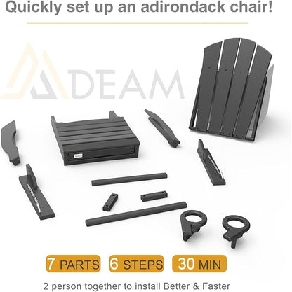 Mdeam Folding Adirondack Chair with Retractable Ottoman, HDPE All-Weather Fire Pit Chair with 2 Cup Holders, Outdoor Chair for Deck Patio Garden Backyard Lawn (Black)