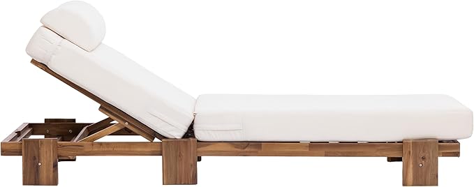 Merax 2 Piece 78.8'' Outdoor Patio Chaise Lounge Chair, Acacia Wood Adjustable Recliner with Headrest and Retractable Side Tray, Perfect for Terrace, Poolside, Garden, and Beach, Beige