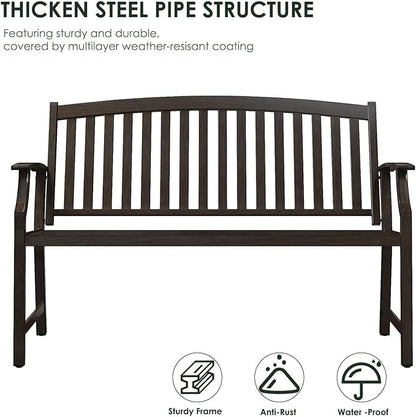 Grand patio 52" Farmhouse Outdoor Bench, Garden Benches with Rust Free Metal Powder Coated Frame and Aluminum Backrest, Faux Wood Grain Finish Frame Patio Bench for Front Porch, Northwoods Brown