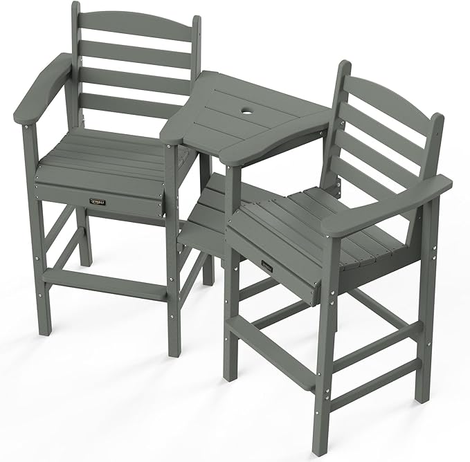 VINGLI Tall Adirondack Chairs Set of 2 with Removable Double Connecting Trays, HDPE Weather Resistance Outdoor Bar Stools Heavy Duty Patio Table and Chars Set Poly Deck Chairs for Pool Balcony (Gray)