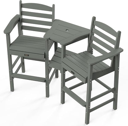 VINGLI Tall Adirondack Chairs Set of 2 with Removable Double Connecting Trays, HDPE Weather Resistance Outdoor Bar Stools Heavy Duty Patio Table and Chars Set Poly Deck Chairs for Pool Balcony (Gray)