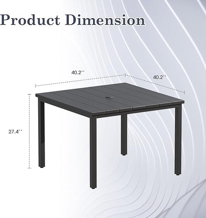 Outdoor Dining Table with Adjustable Umbrella Hole, 40.2" All-Weather Square Patio Dining Table for 4, Metal Patio Table for Garden Lawn Porch Deck Yard, Black