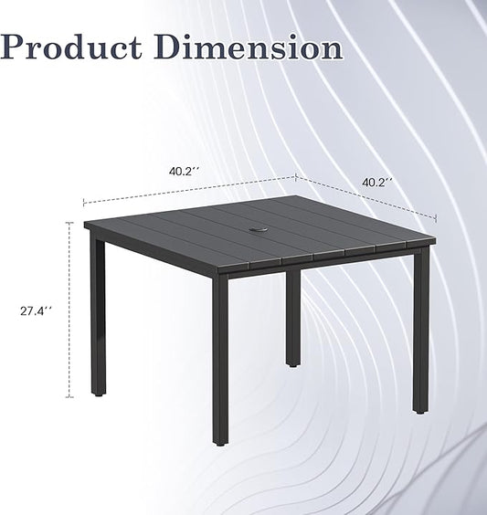Outdoor Dining Table with Adjustable Umbrella Hole, 40.2" All-Weather Square Patio Dining Table for 4, Metal Patio Table for Garden Lawn Porch Deck Yard, Black