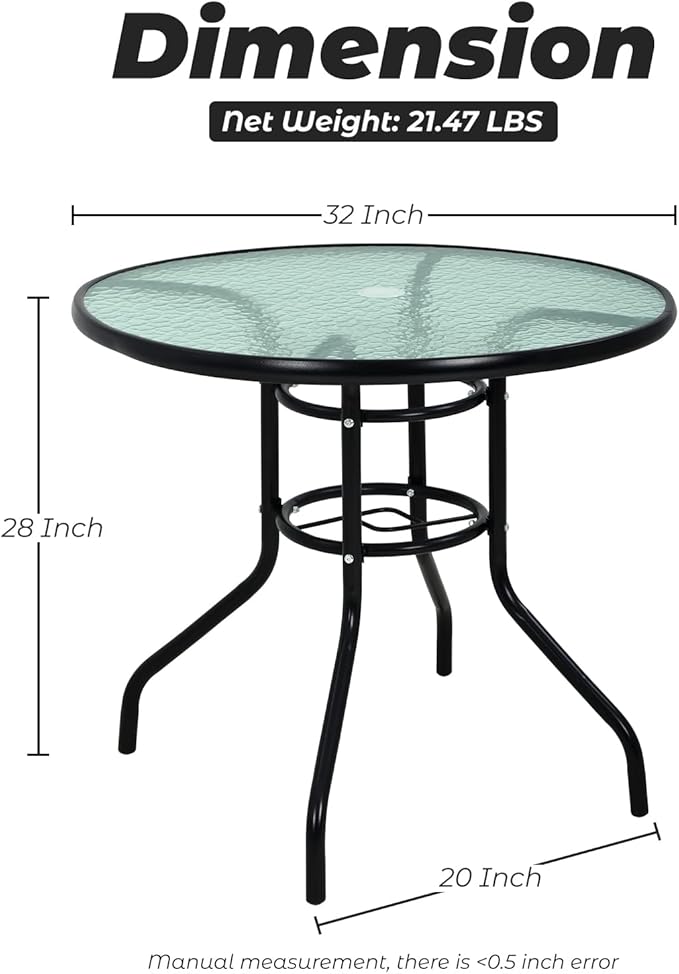 Dining Bistro Table Furniture Outdoor Patio Coffee Small Balcony End Outside Console Umbrella Hole Tempered Glass Conversation All Weather