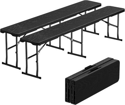 6ft Folding Bench 2 Pack, Plastic Folding Bench for Picnic Camping Dining Party Garden, 6 feet Foldable Benches for Soccer Multipurpose Entertaining Activities, Smooth HDPE Tabletop, Black