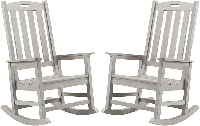Psilvam Oversized Outdoor Rocking Chair Set of 2, Porch Rocker with 21" Wide Seat and 32" Tall Backrest, Pre-Assembled with Most Components for Effortless Installation (Grey)