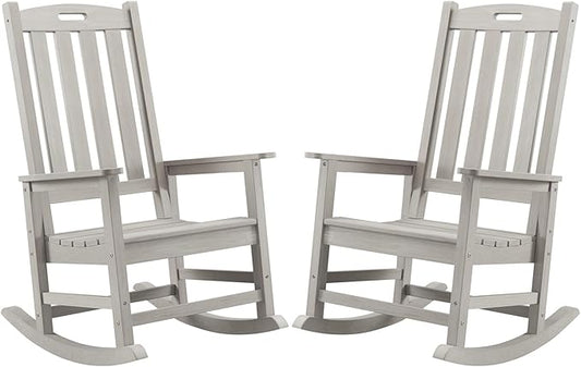 Psilvam Oversized Outdoor Rocking Chair Set of 2, Porch Rocker with 21" Wide Seat and 32" Tall Backrest, Pre-Assembled with Most Components for Effortless Installation (Grey)