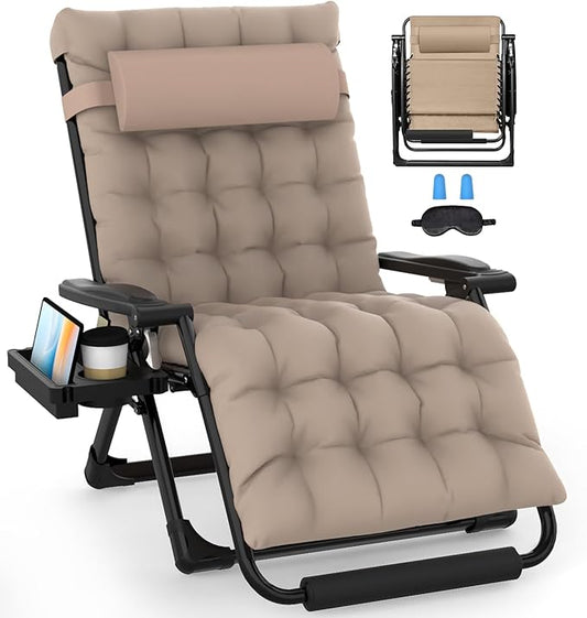 Slendor Oversized Zero Gravity Chairs XXL, Padded Zero Gravity Lounge Chair, Lawn Recliner, Folding Patio Reclining Chair w/Aluminum Alloy Lock, Headrest, Cup Holder, Support 500lbs, Khaki
