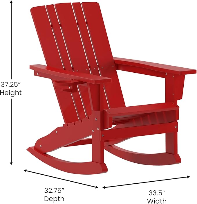 Flash Furniture Halifax Adirondack Rocking Chairs with Cup Holder, Weather Resistant Poly Resin Adirondack Rocking Chairs, Set of 2, Red