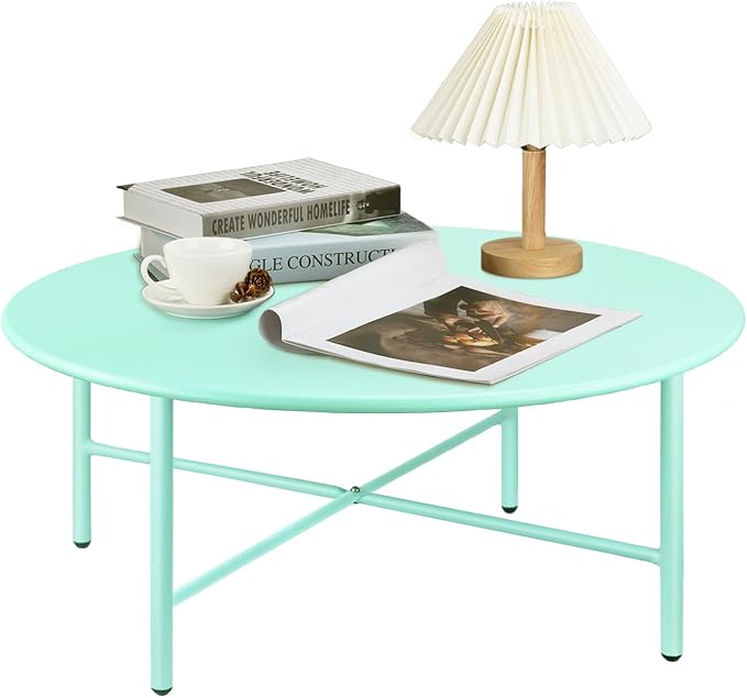 Patio Round Steel Patio Coffee Table, Weather Resistant Anti-Rust and Waterproof Indoor and Outdoor Large Side Table, for Garden Living Room Bedroom Balcony (Mint Green)