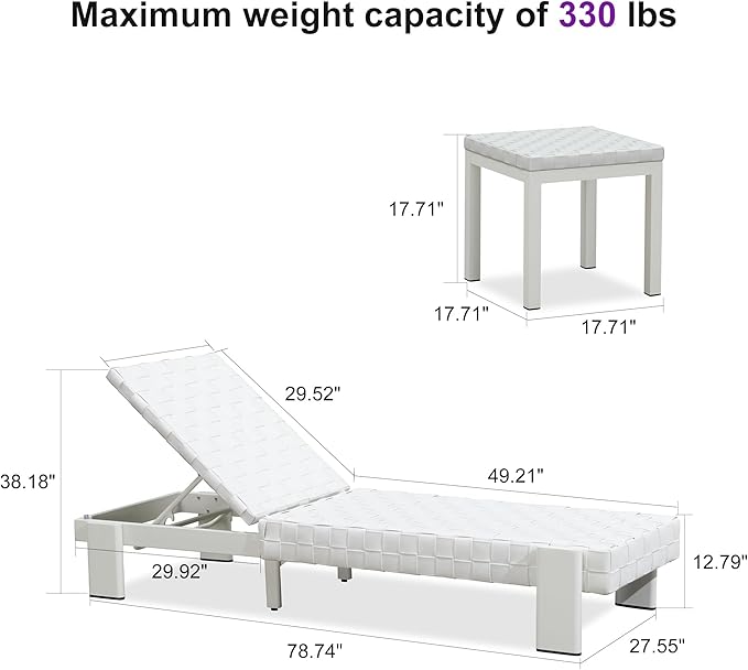 PURPLE LEAF Patio Lounge Chair Modern Outdoor PU Leather Style Chaise Lounge 1 Piece with Side Table Adjustable Backrest Aluminum Luxury Chaise Lounge Chairs for Pool Garden Backyard Beach, White
