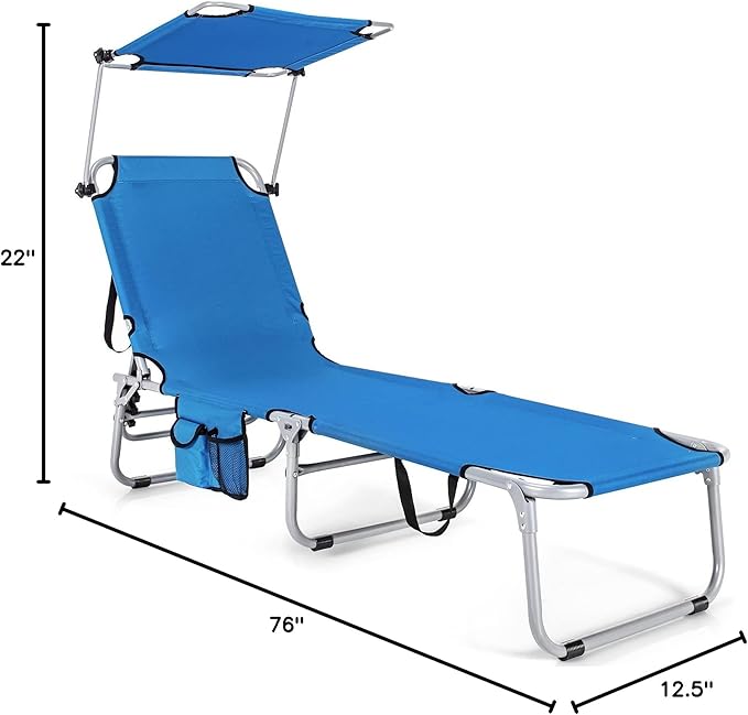 COSTWAY Beach Lounge Chair, Foldable Chaise Lounge with Canopy, Adjustable Backrest & Side Pocket, Tanning Chair for Seaside, Pool, Patio (Navy)