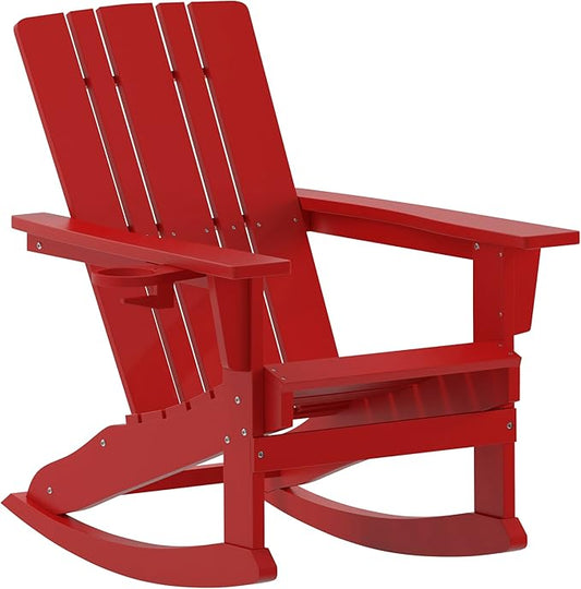 Flash Furniture Halifax Adirondack Rocking Chair with Cup Holder, Weather Resistant Poly Resin Adirondack Rocking Chair, Red