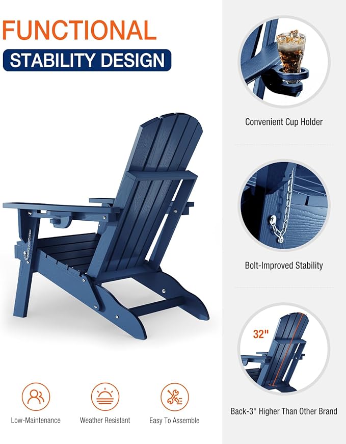 Adirondack Chairs Set of 4 for Outdoor Patio: Sturdy HDPE Plastic Fire Pit Chairs with Cup Holder & Wood Texture - Comfortable Easy to Assembly All-Weather Furniture - Easy Foldable and Stackable
