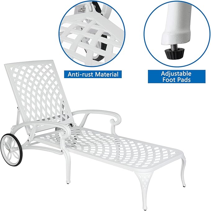 Cast Aluminum Outdoor Chaise Lounge Chair with Wheels, Patio Chaise Lounge with 3-Position Adjustable Backrest, Outdoor Tanning Chair Patio Lounge Chair (White)