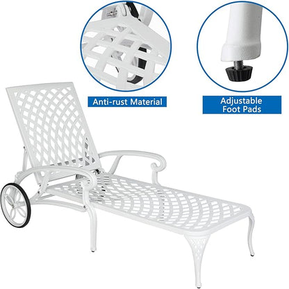 Outvita Lounge Chairs for Outside, Patio Cast Aluminum Recliner with Adjustable Back and Rolling Wheels for Backyard Porch Pool Balcony Deck (White)