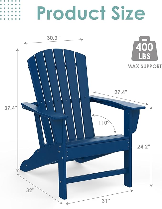 IVY&LANE Adirondack Chairs Set of 4 | HDPE Plastic | Outdoor Fire Pit Chairs | Oversized | All-Weather | Blue | for Outside Deck Backyard Patio Poolside Porch Lawn
